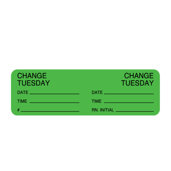 Nevs Day Change IV Tubing Label -Change Tuesday 7/8" x 3" Flr Green w/Black NTUBE-T